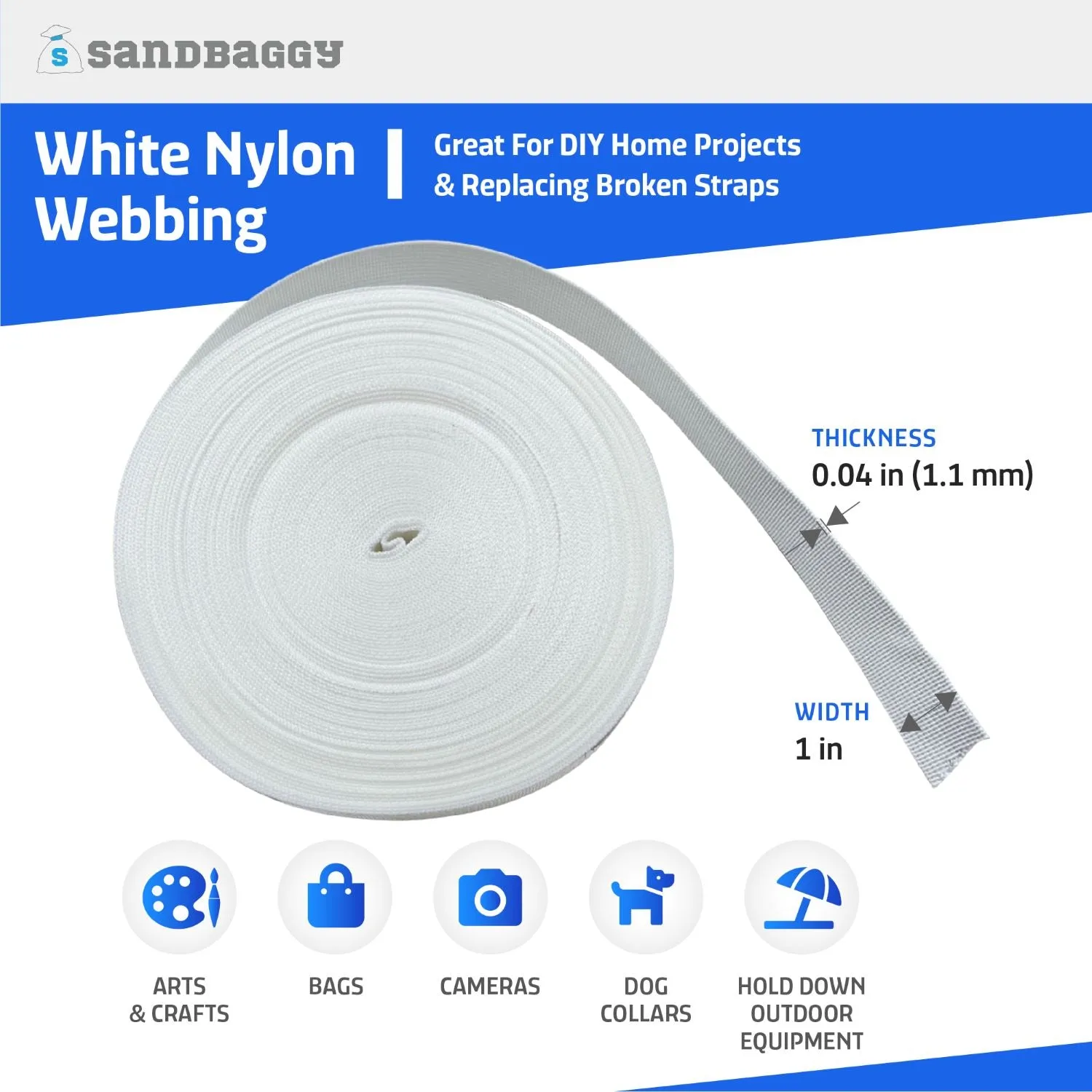 1" Flat Nylon Webbing Straps - White, 25 Yd Roll - Lightweight