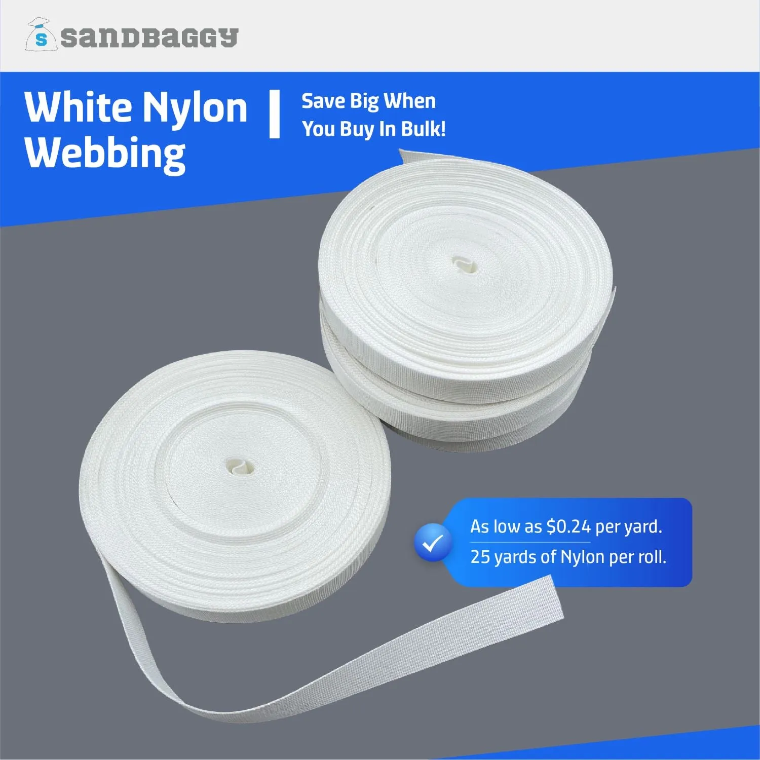 1" Flat Nylon Webbing Straps - White, 25 Yd Roll - Lightweight