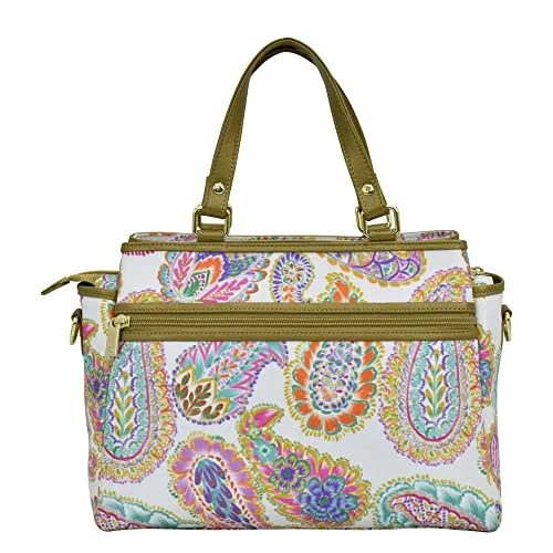 Anuschka Multicompartment Satchel - Wanderlust Collection - Nylon Fabric with Genuine Leather Trim and Artwork Print - Boho Paisley