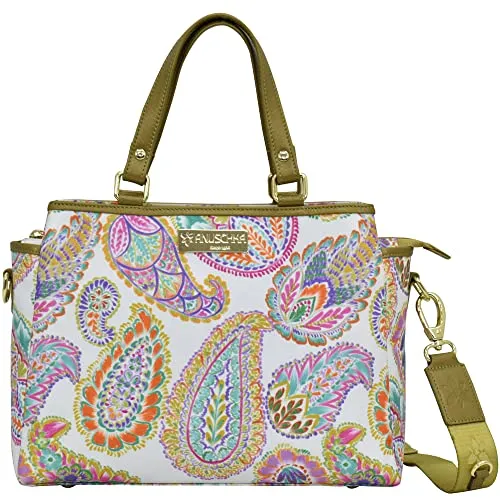 Anuschka Multicompartment Satchel - Wanderlust Collection - Nylon Fabric with Genuine Leather Trim and Artwork Print - Boho Paisley