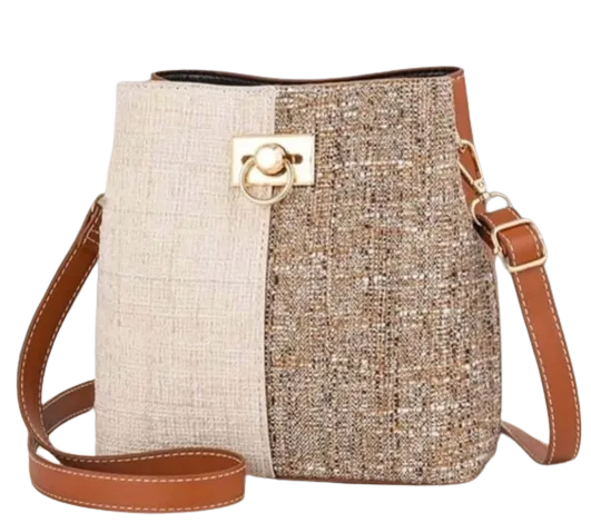 Bag - Shoulder - two tone brown cream leather fabric