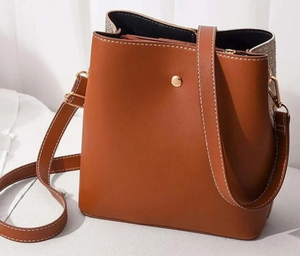 Bag - Shoulder - two tone brown cream leather fabric