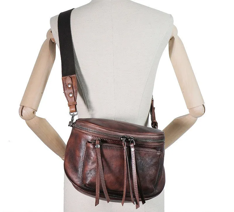 Black Leather Womens Saddle Shoulder Bag Fanny Pack Handmade Crossbody Purse for Ladies