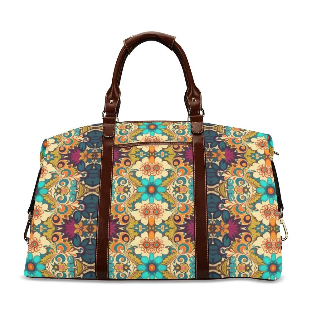 Boho Bag, 70s Boho Travel Bag, Elegant Teal Turquoise floral Duffel Bag, Flight Bag, Waterproof Carry on flight Bag, Weekender Bag