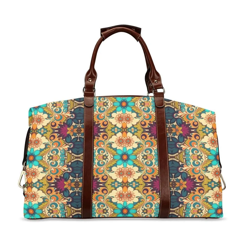 Boho Bag, 70s Boho Travel Bag, Elegant Teal Turquoise floral Duffel Bag, Flight Bag, Waterproof Carry on flight Bag, Weekender Bag