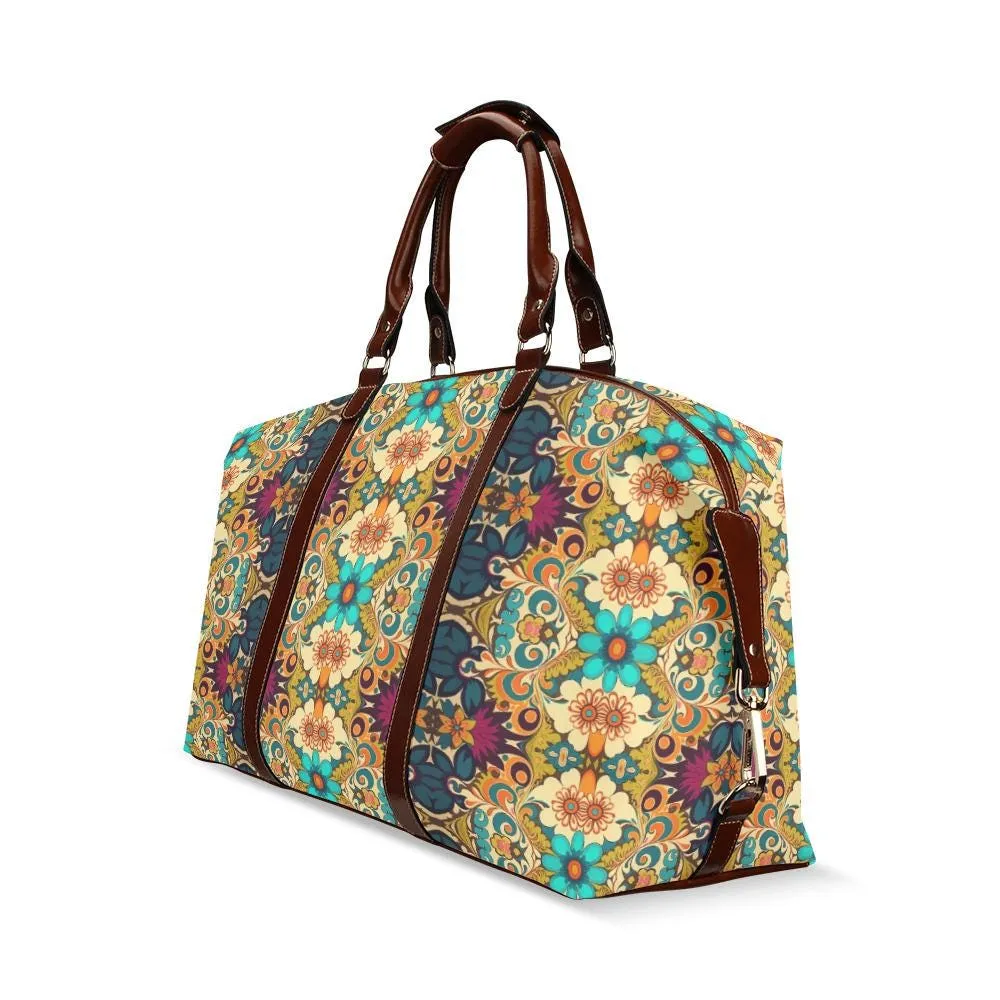 Boho Bag, 70s Boho Travel Bag, Elegant Teal Turquoise floral Duffel Bag, Flight Bag, Waterproof Carry on flight Bag, Weekender Bag