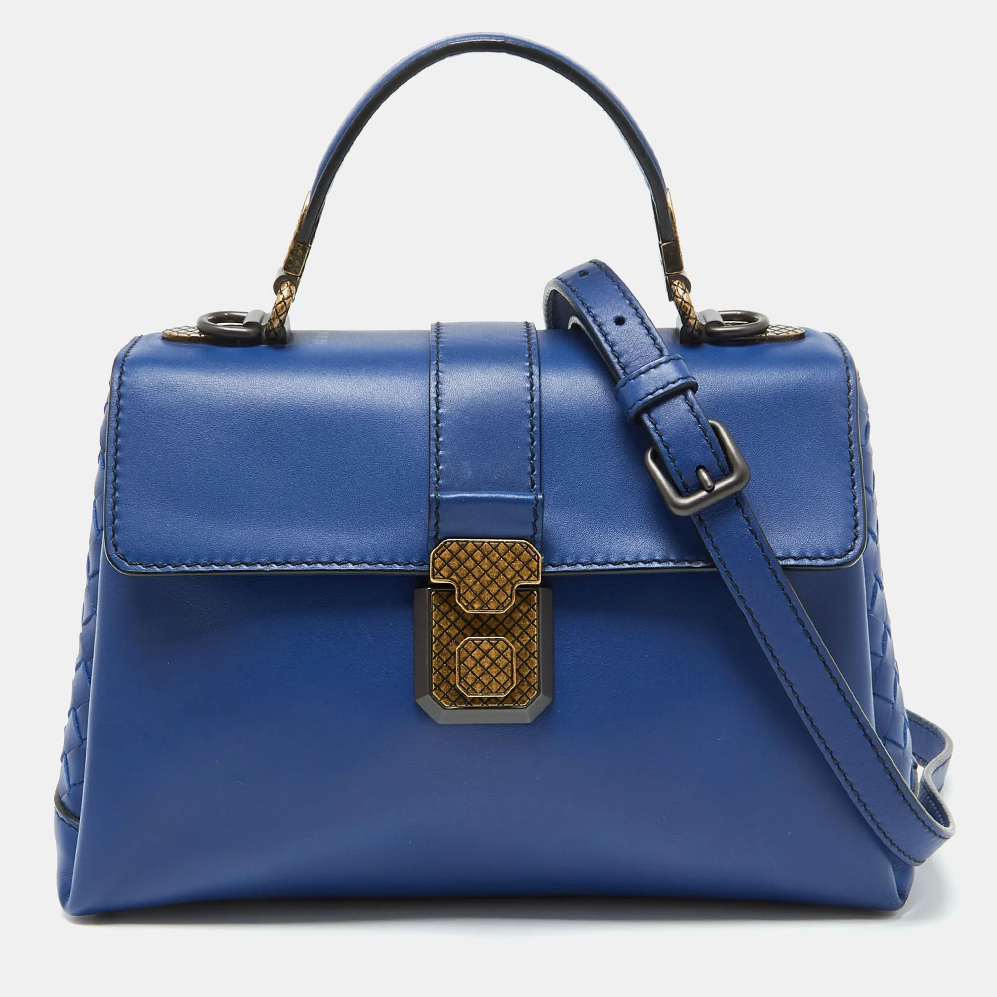 Bottega Veneta Blue Leather Small Piazza Top Handle Bag