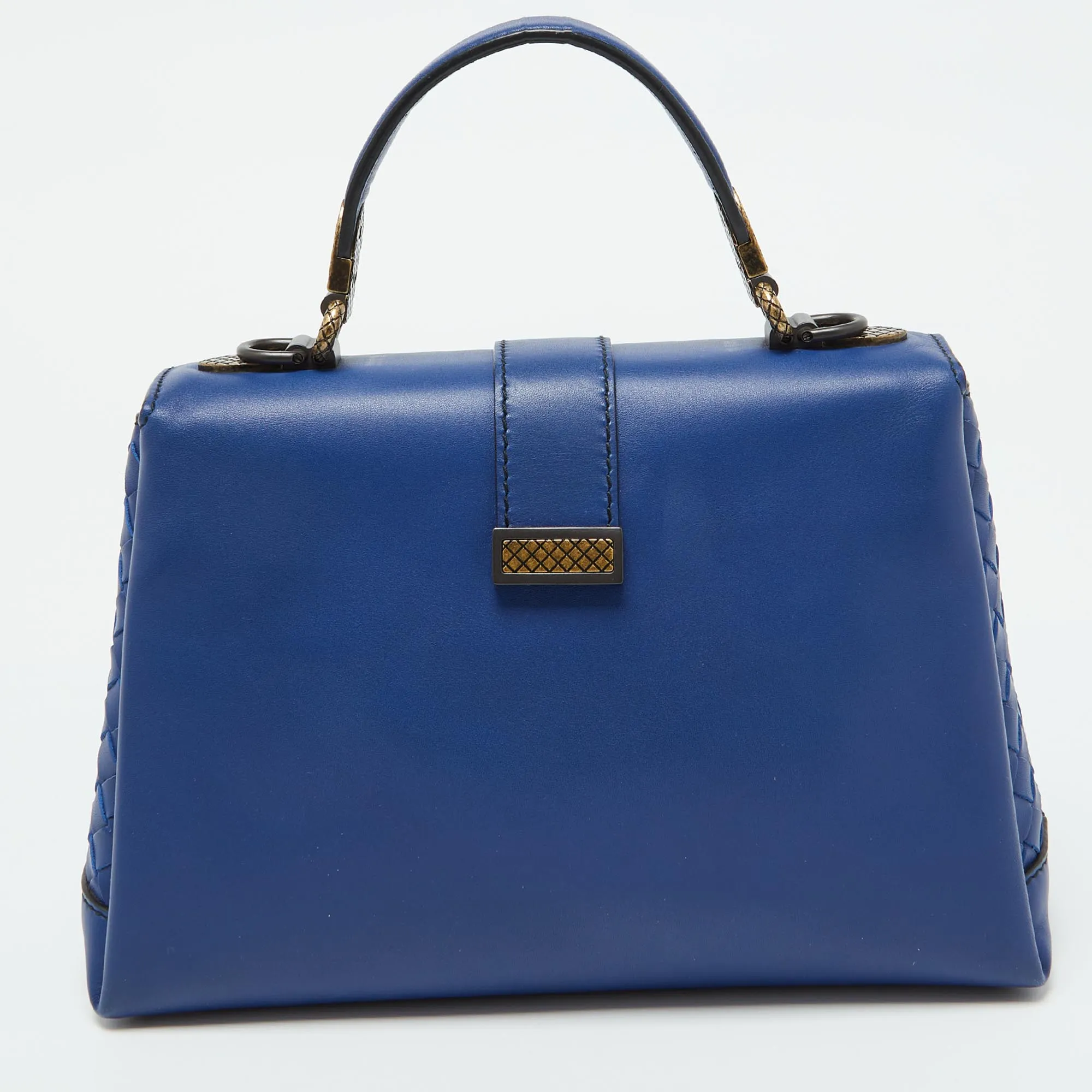 Bottega Veneta Blue Leather Small Piazza Top Handle Bag