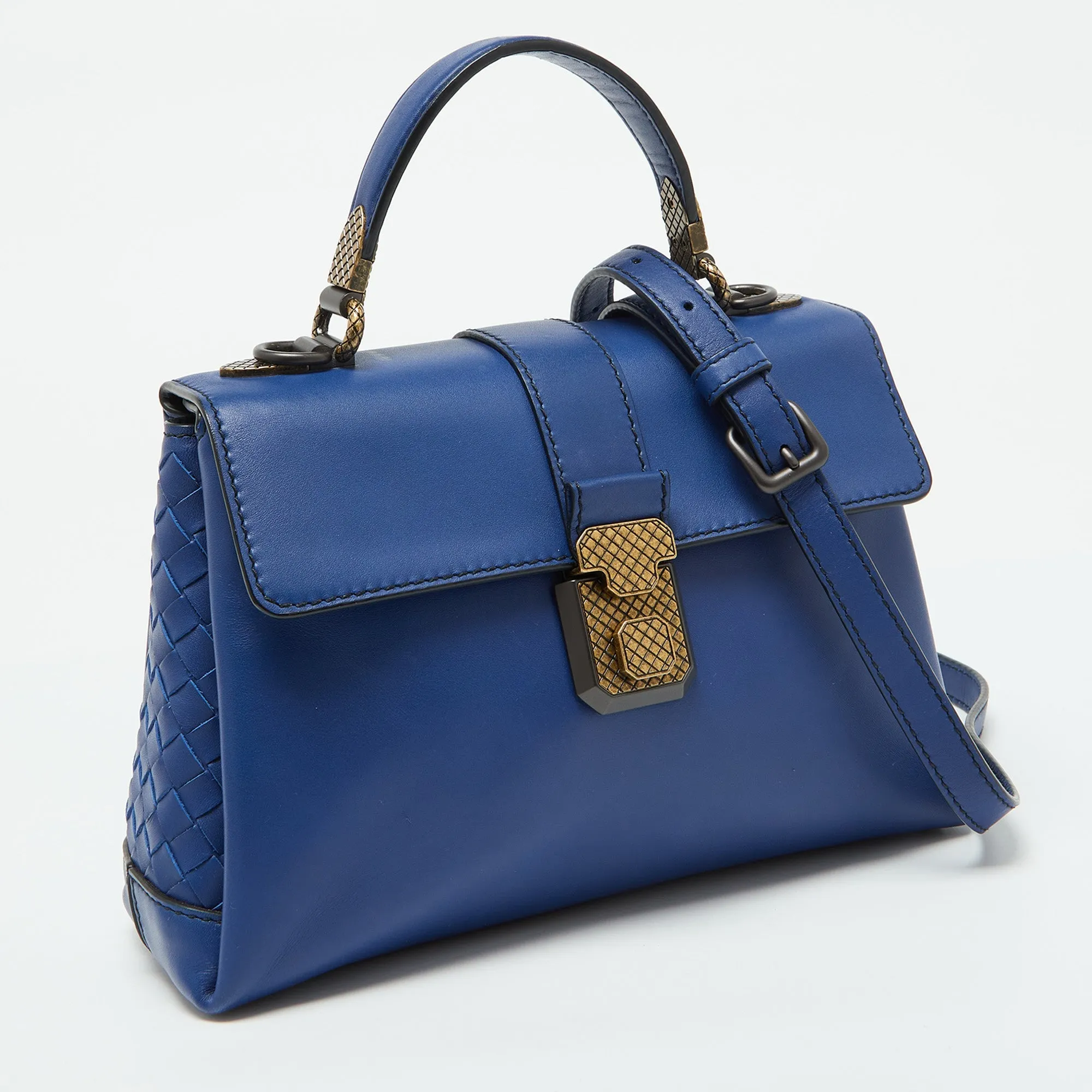 Bottega Veneta Blue Leather Small Piazza Top Handle Bag