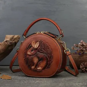 Embossed Rabbit Handbag Genuine Leather