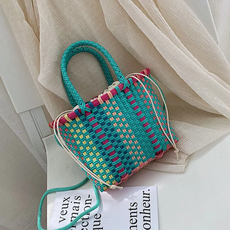 Handmade Woven Plastic & Rattan Straw Crossbody Bag