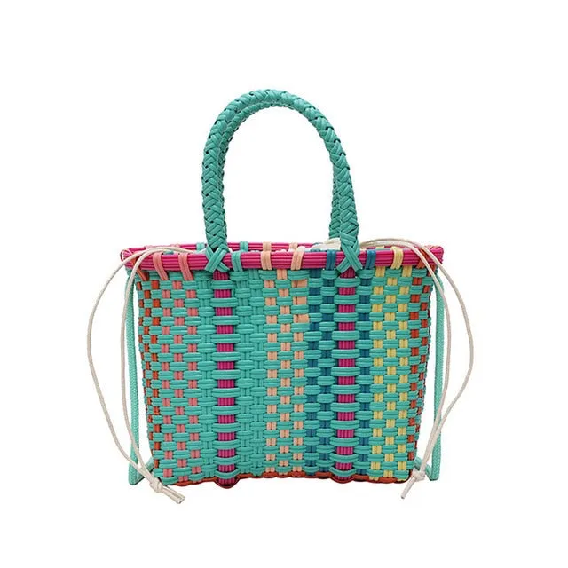 Handmade Woven Plastic & Rattan Straw Crossbody Bag