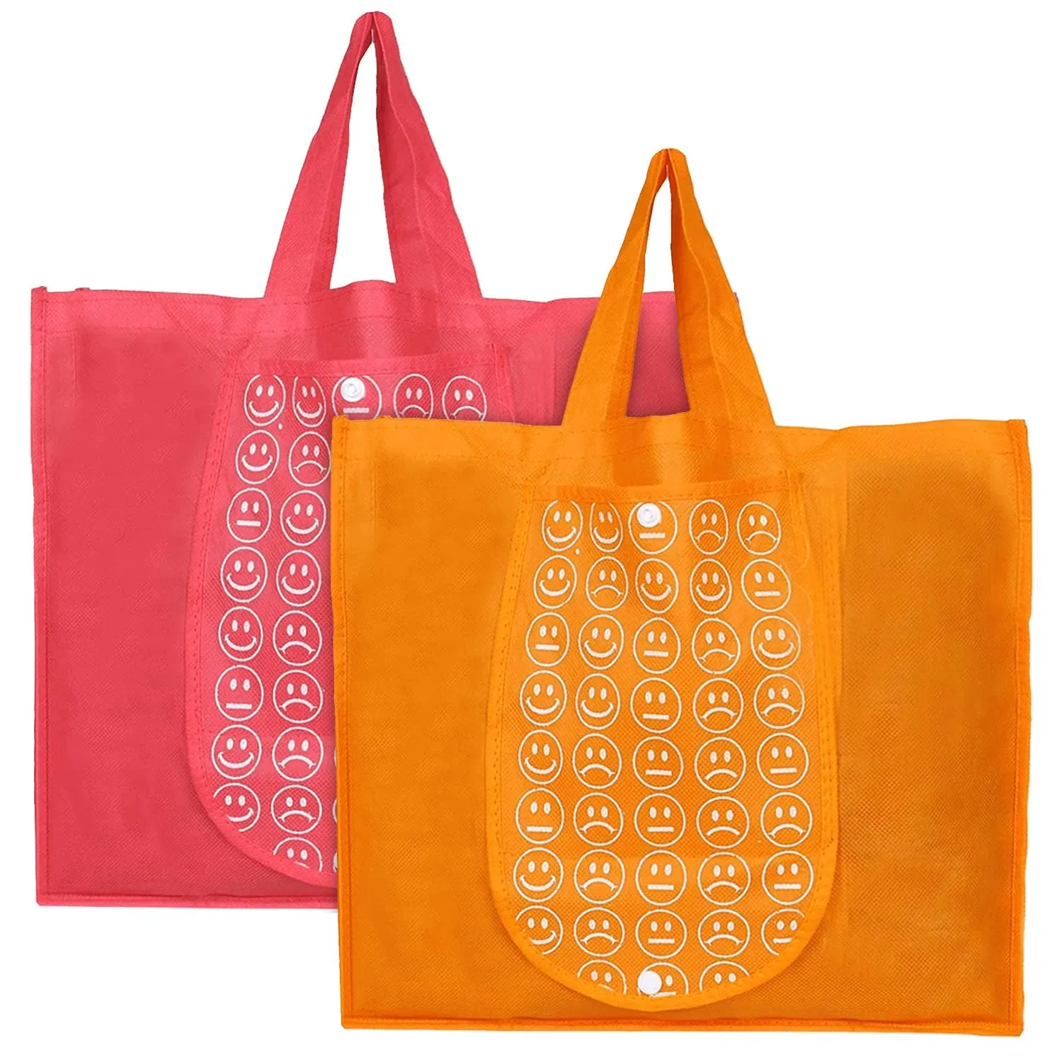 Heart Home Foldable Reusable Smiley Printed Shopping Bag With One Small Pocket (Set Of 2,Orange & Pink) Pack Of 2 Grocery Bags (Orange, Pink)