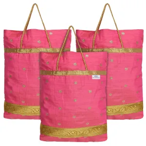 Heart Home Polyester Dot Design Foldable Potli|Shopping|Gifting, Hand Bag With Handle Pack of 3 (Pink)