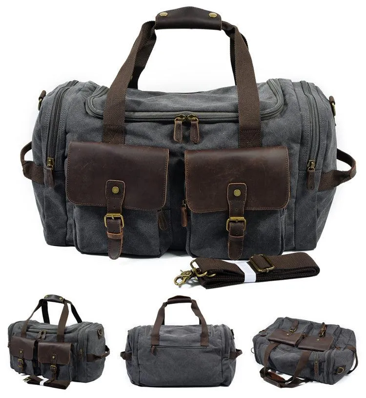 Men's Leather And Canvass  Duffel  Bag-Dark Grey