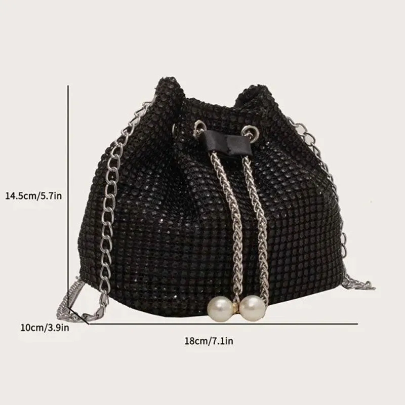 Mini Rhinestone & Faux Pearl Decor Drawstring Design Chain Bucket Bag