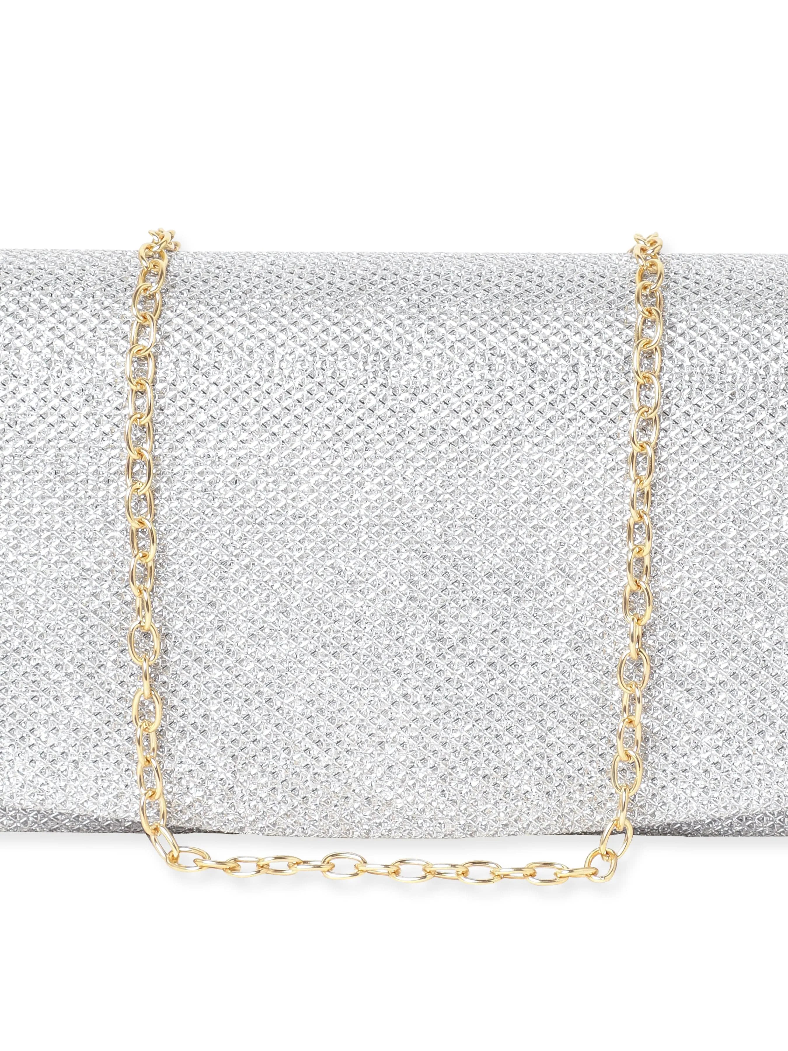 Rubans Timeless Radiance Handcrafted Silver Shimmery Clutch Bag