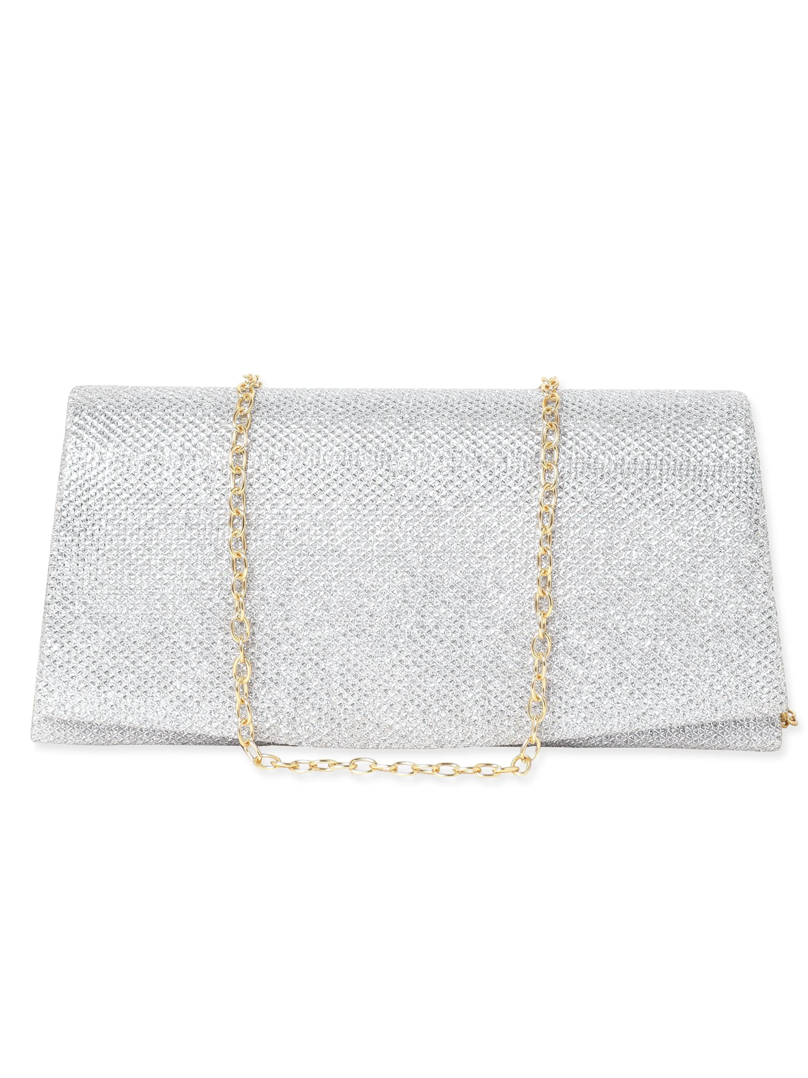 Rubans Timeless Radiance Handcrafted Silver Shimmery Clutch Bag