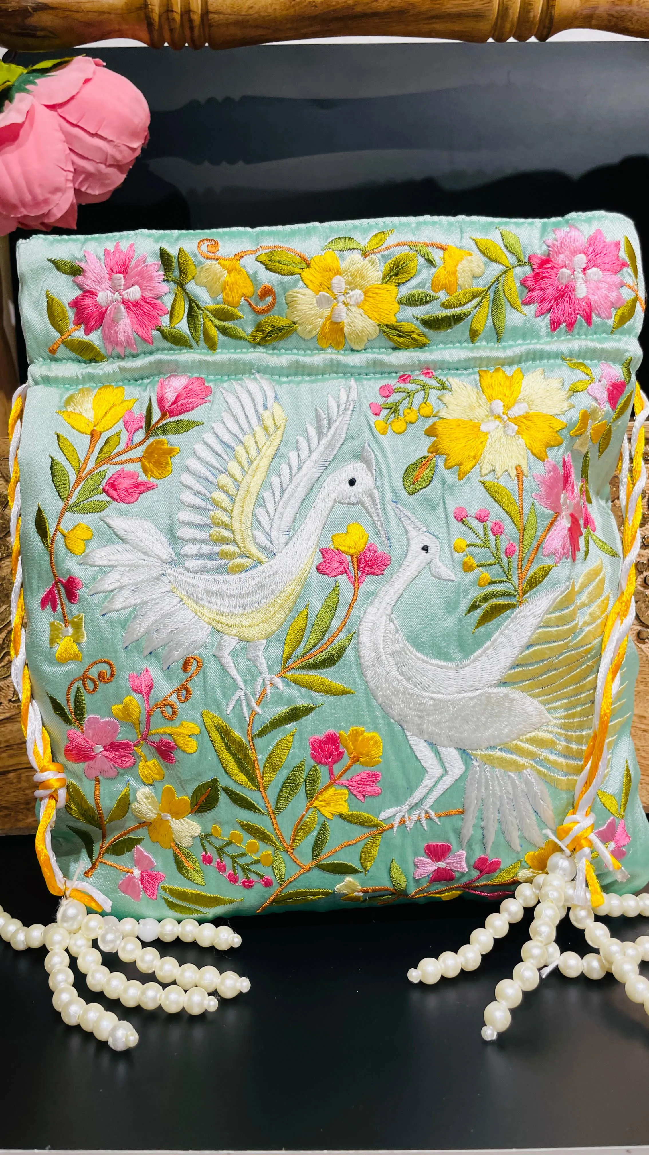 SageGreen Festive Bird Potli Drawstring Bag