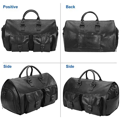 Seyfocnia Carry On Garment Bag, Waterproof Mens Garment Bag for Travel Business, Large Leather Duffel Bag with Shoe Compartment -Black