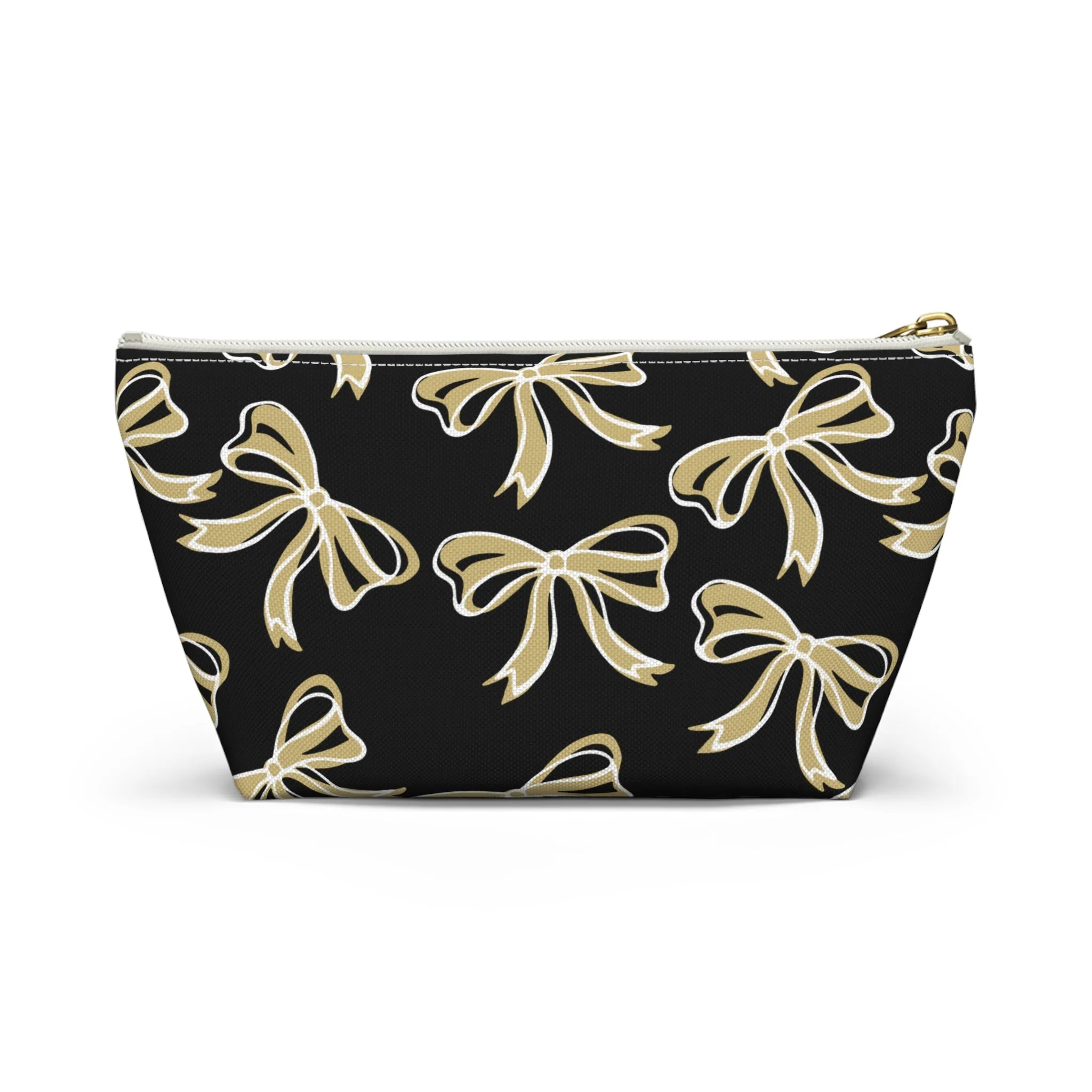 Trendy Bow Makeup Bag - Graduation Gift, Bed Party Gift, Acceptance Gift, College Gift, CU Boulder, UCF, Wake Forest, Black and Gold