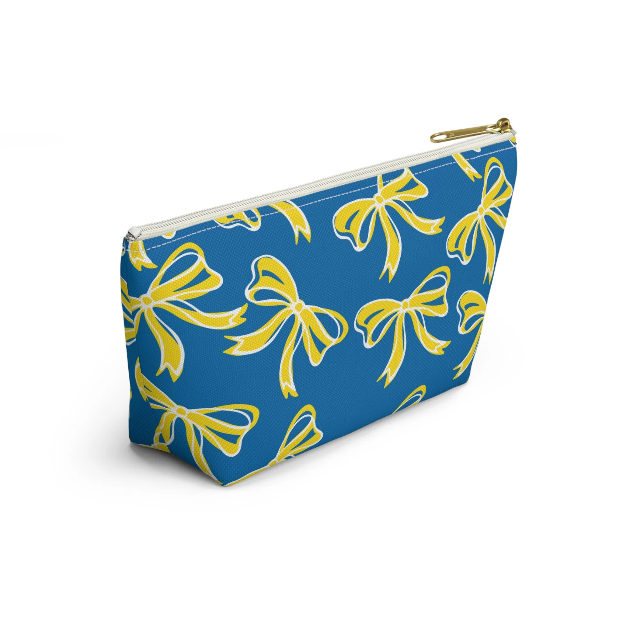 Trendy Bow Makeup Bag - Graduation Gift, Bed Party Gift, Acceptance Gift, College Gift, Delaware, Blue and Yellow, Blue Hens