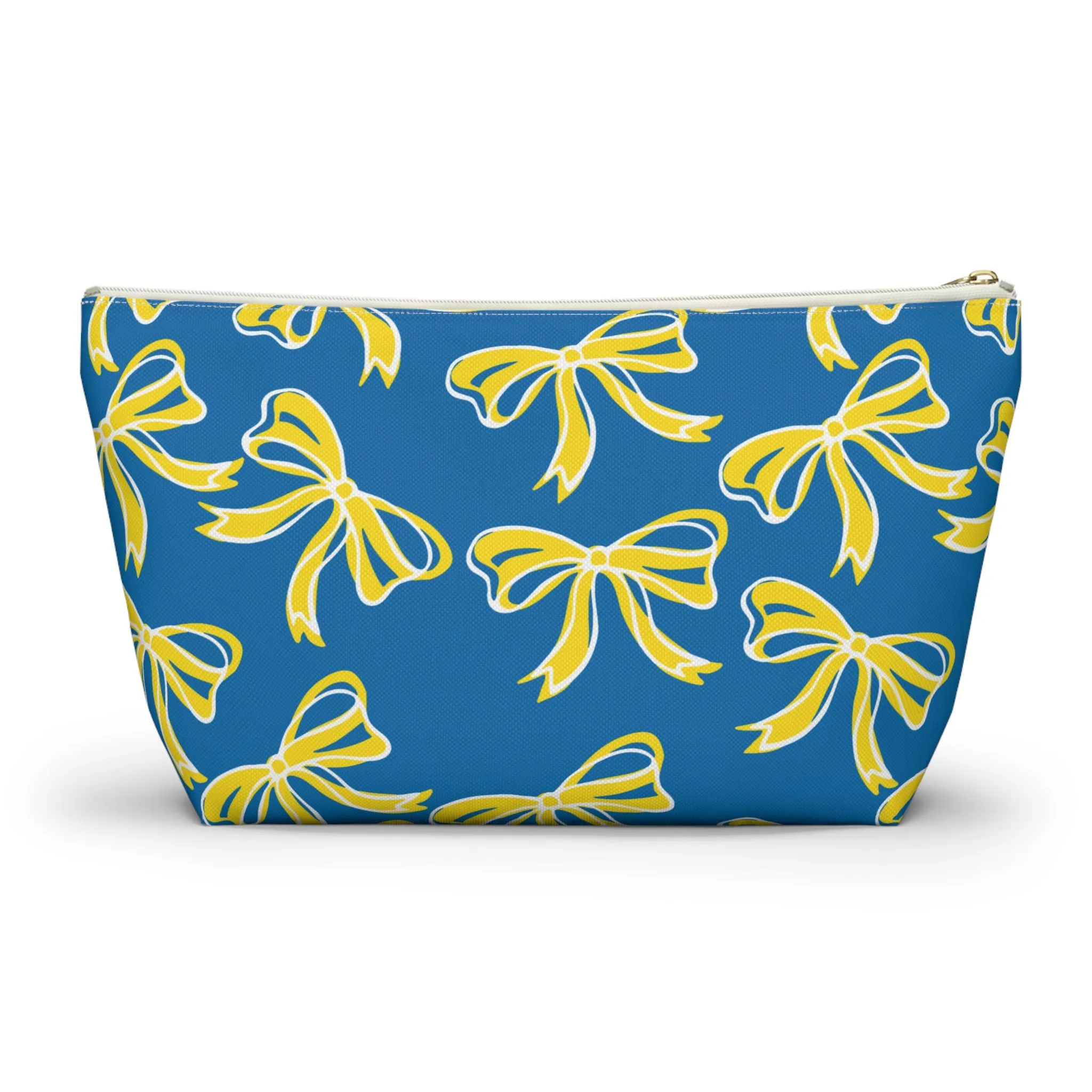 Trendy Bow Makeup Bag - Graduation Gift, Bed Party Gift, Acceptance Gift, College Gift, Delaware, Blue and Yellow, Blue Hens